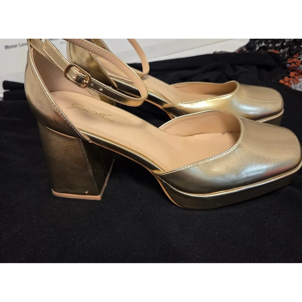 GenShuo Gold Metallic Platform Heels Square Toe Ankle Strap Block Heel Pumps 10